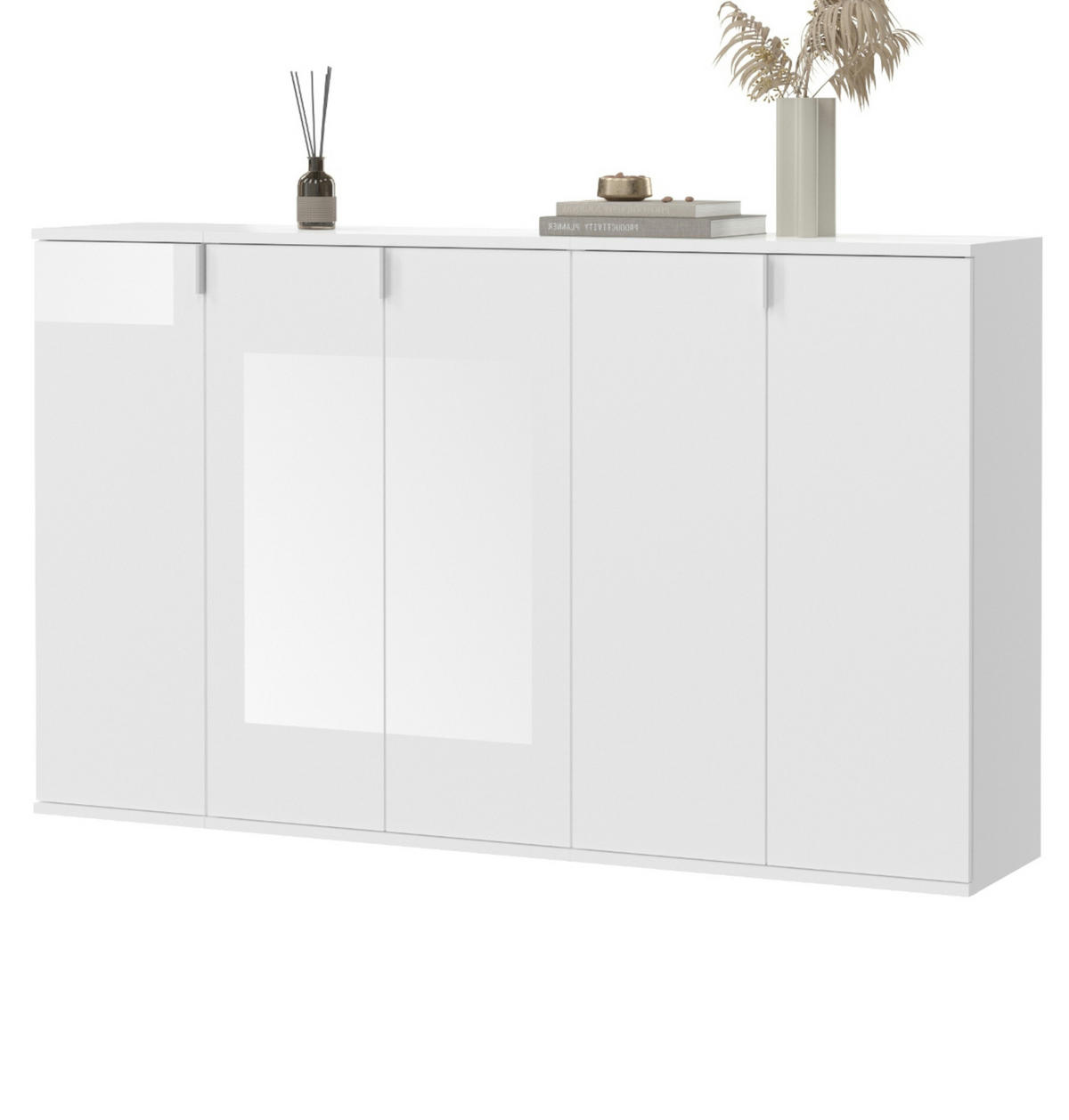 KOMMODE weiß Hochglanz 152 cm, Sideboard mit 16 Fächern - Chromfarben/Weiß Hochglanz, Holzwerkstoff/Metall (152/99/34cm) - Inn.Furn