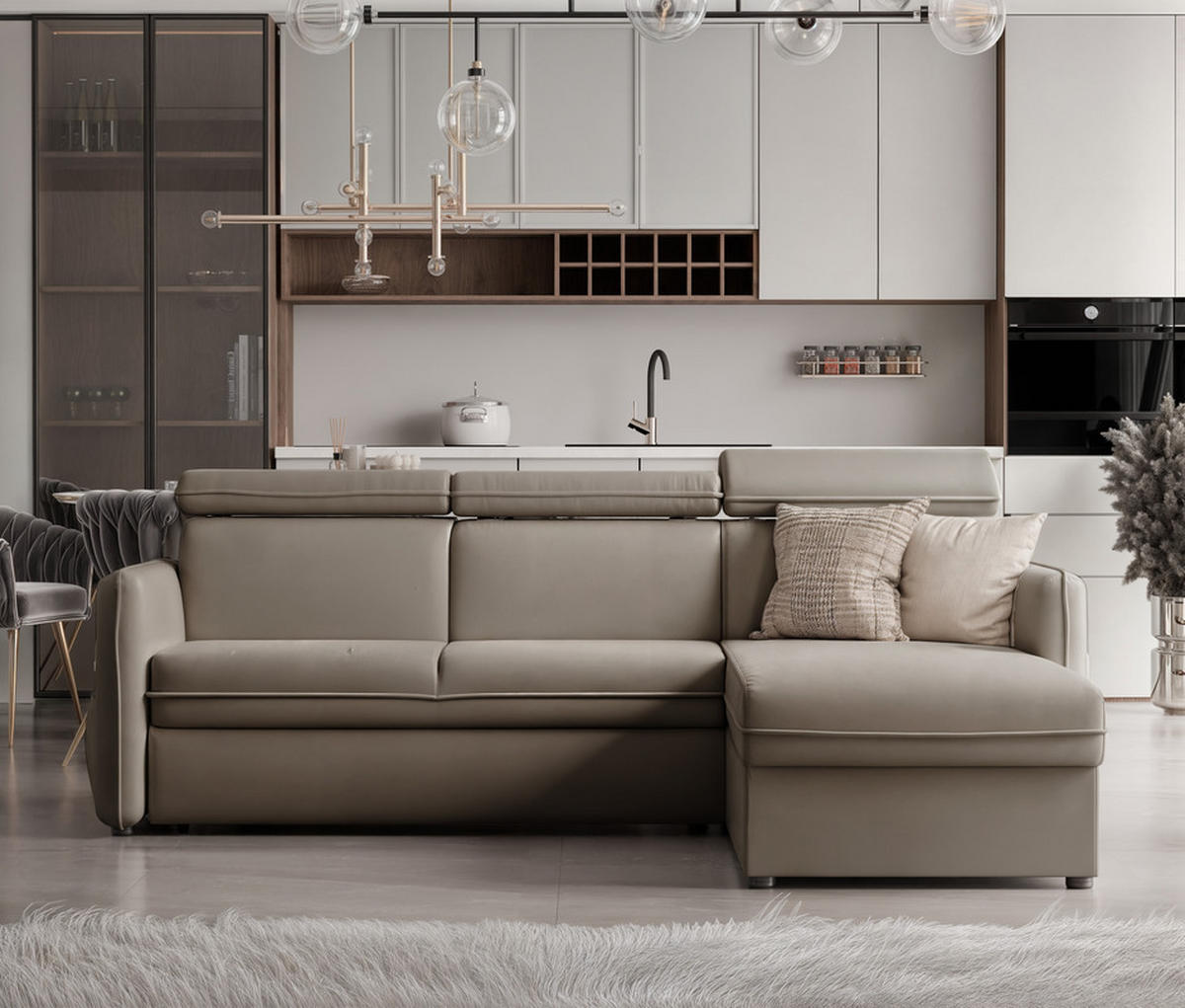 ECKSOFA BENI mit Schlaffunktion und Bettkasten, Stoff Dunkelbeige - Sandfarben, Kunststoff/Textil (220/160cm) - Idohome