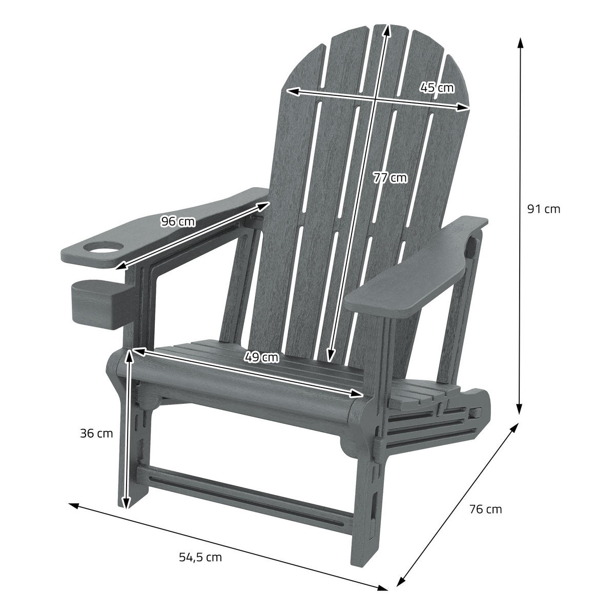 ADIRONDACK LEŽÁK s držákem na nápoje, šedý, z plastu - šedá, plast (54.5/91/76cm) - ML-DESIGN