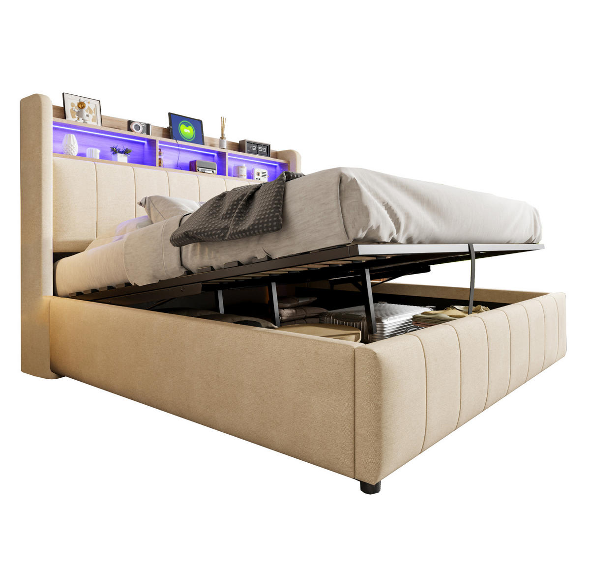 POLSTERBETT 160/200 cm Beige mit LED-Beleuchtung und USB-Steckdose, hydraulischem Stauraum - Beige, Textil (160/200cm) - OKWISH