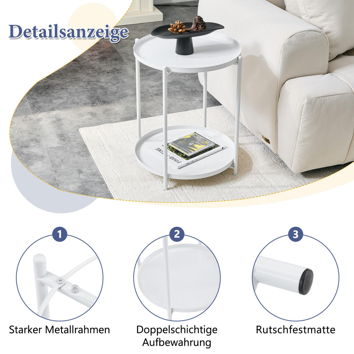 BEISTELLTISCH DE-37346 2-etagig rund mit Metallrahmen und Ablage Weiß - Weiß, Metall (42/42/52cm) - ComfortXL