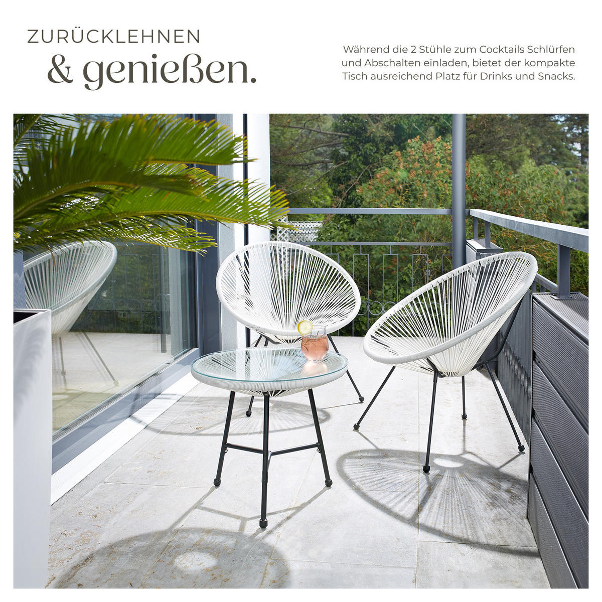 GARTENSTUHL 2er Set Santana mit Tisch, Belastbarkeit Stuhl 120 kg, weiß - Weiß, Kunststoff - tectake