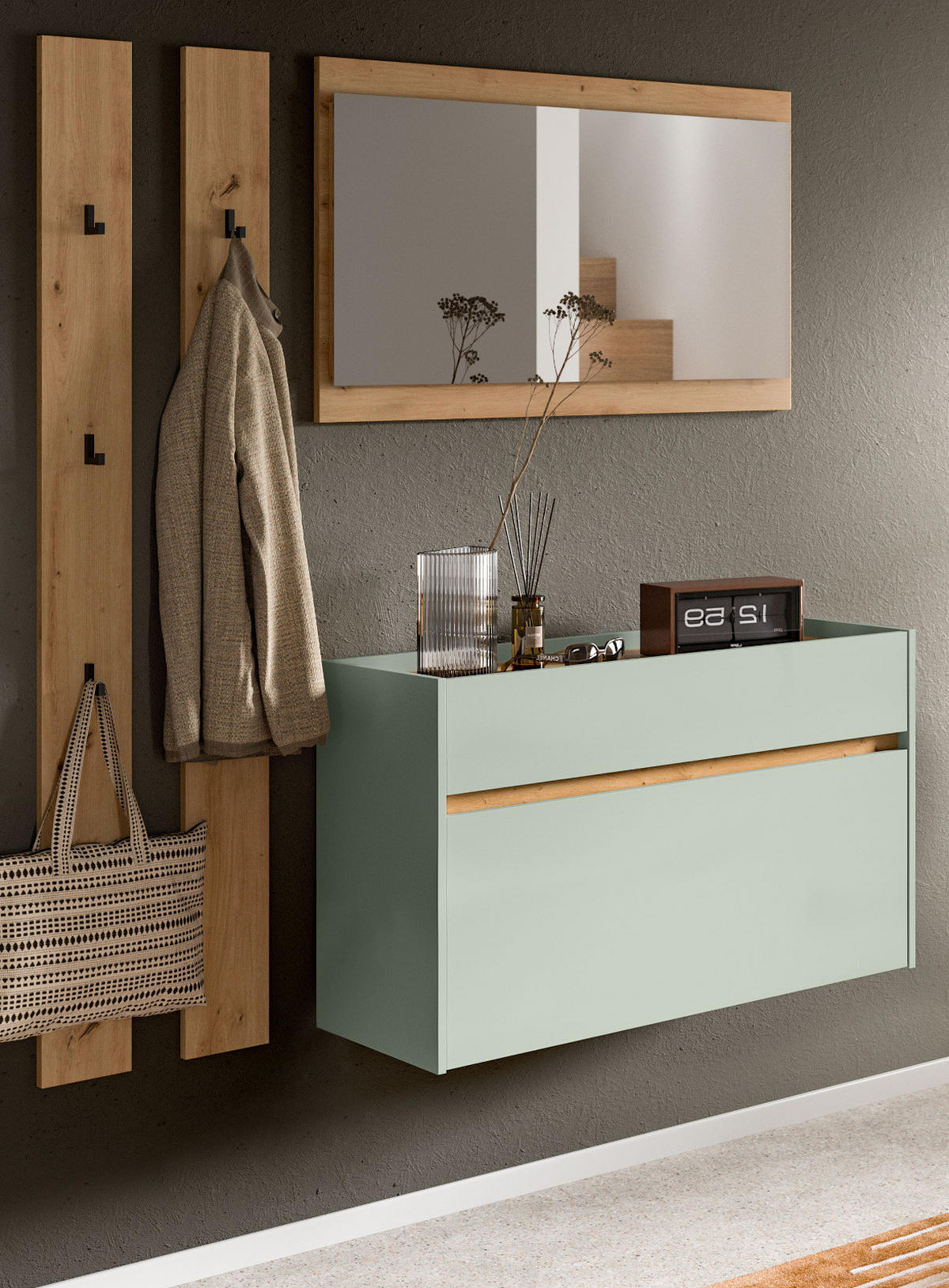 GARDEROBEN-SET Salbei grün, Eiche Artisan 4-teilig 172 cm, Garderobenmöbel hängend - Salbeigrün/Eiche Artisan, Glas/Holzwerkstoff (172/197/32cm) - Inn.Furn