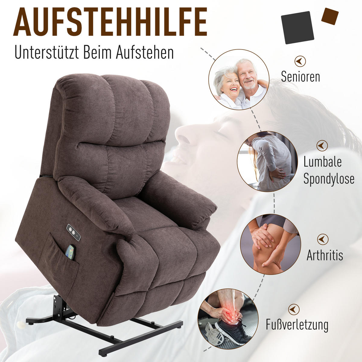 MASSAGESESSEL mit Aufstehhilfe Relaxsessel Fernsehsessel mit Wärmefunktion Braun - Braun, Kunststoff (95/105/83cm) - HOMCOM