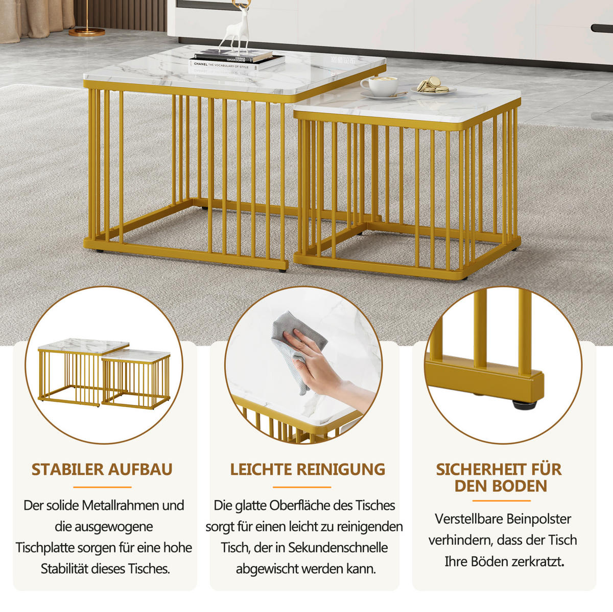 KONFERENČNÍ stolky 60/60/45 cm bílé z MDF v mramorovém vzhledu zasouvací 2 ks - bílá, kompozitní dřevo (60/60/45cm) - OKWISH