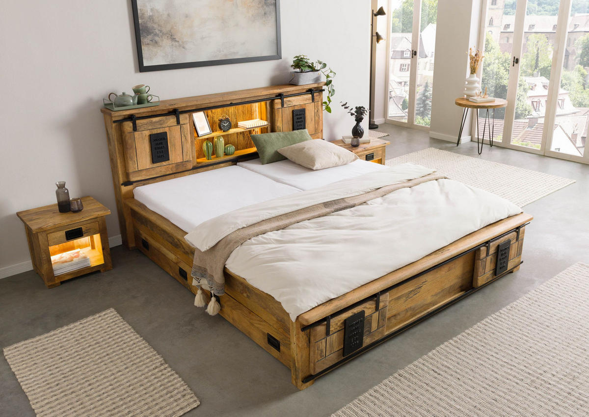 HOLZBETT mit Schublade Mango / Altholz 200x200 natur lackiert RAILWAY LUX #110 - Braun, Holz (200/200cm) - Massivmoebel24