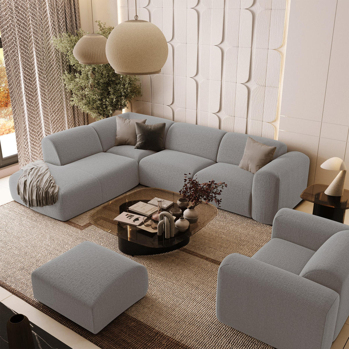 ECKSOFA LINKS Rastergewebe Hellgrau 269cm - Hellgrau/Grau, Textil (221/269cm) - Sia Home