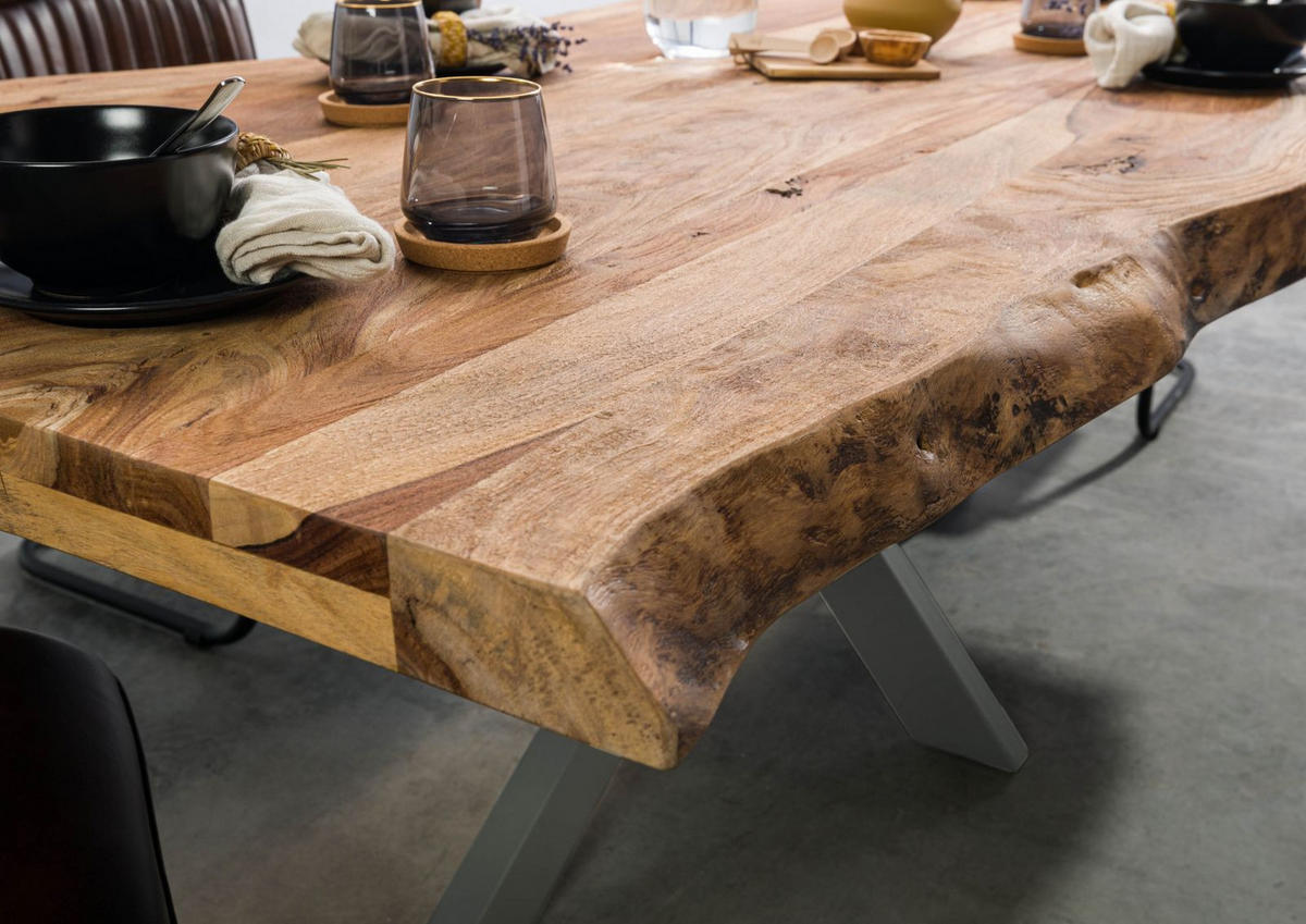 BAUMTISCH Sheesham 180x90x77 natur sandgestrahlt / Kreuzgestell silber matt FREEFORM 5 - Naturfarben, Holz (180/90/77cm) - Massivmoebel24