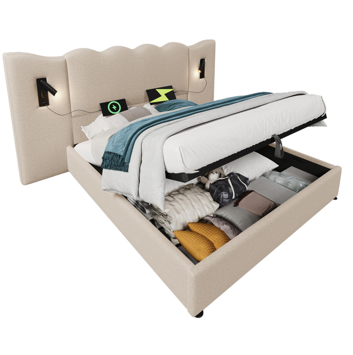 POLSTERBETT mit Bettkasten 180/200 cm, mit Leselampe und USB-C, Beige - Beige, Textil (180/200cm) - BEAOK