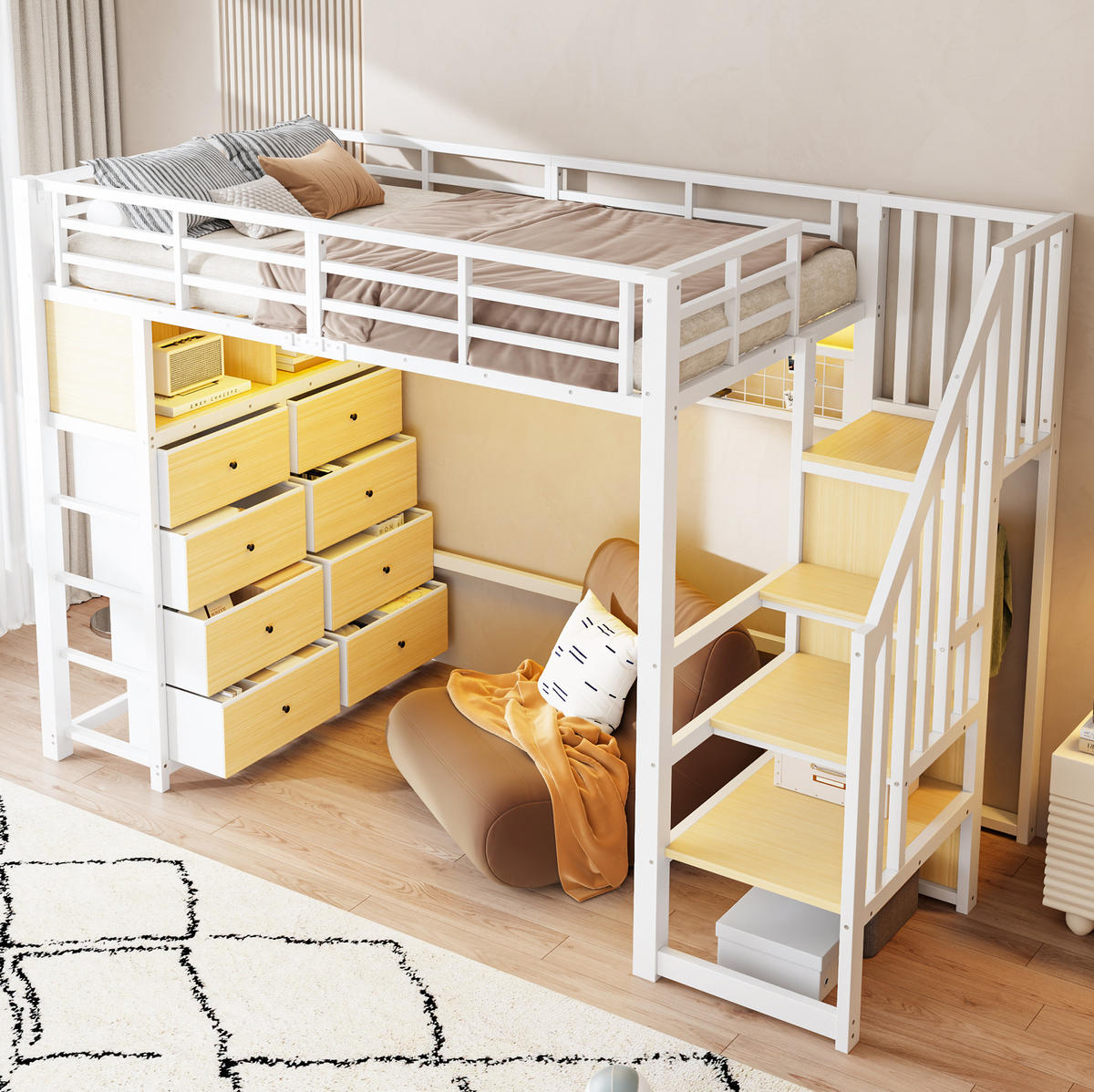 HOCHBETT MDF Metall 90x200 cm Weiß mit Stauraumtreppe, LED und 8 Schubladen - Weiß, Holzwerkstoff (90/200cm) - Modfu