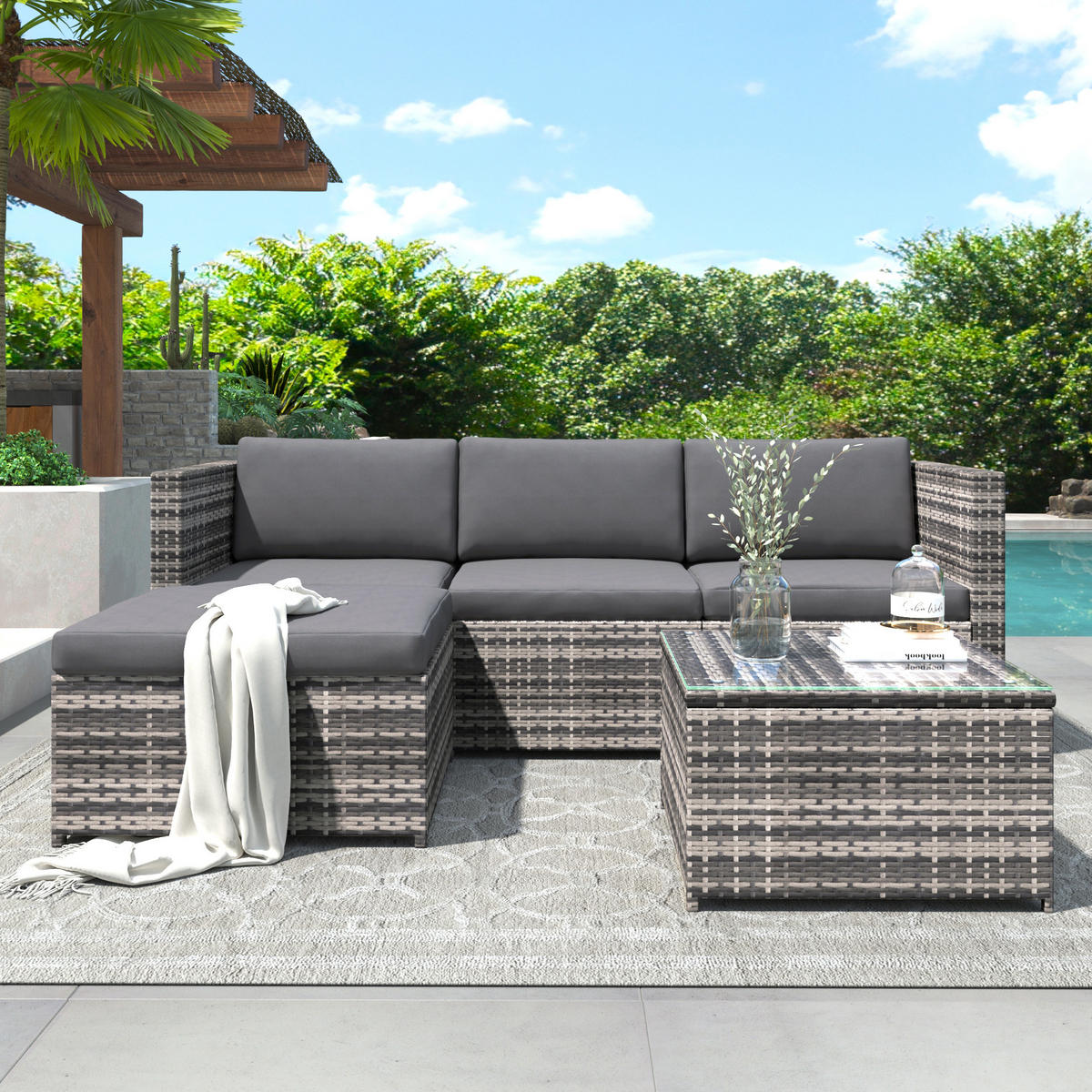 GARTENLOUNGE 196/136/67 cm grau aus Polyrattan und Stahl mit Kissen und Glastisch - Grau, Metall - OKWISH