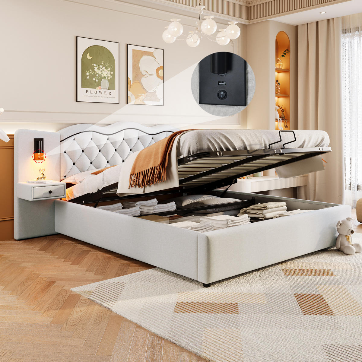 FLACHBETT 180x200cm Beige gepolstert Hydraulik USB 2 Nachttischlampen - Beige, Holz (180/200cm) - FLIEKS
