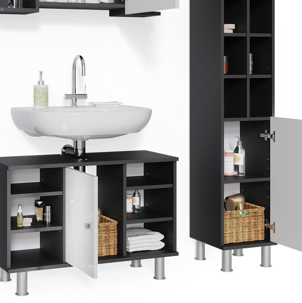 BADMÖBEL-SET Fynn Anthrazit 4 Teile, mit Midischränke - Anthrazit/Weiß, Holzwerkstoff (60/54/32cm) - Vicco