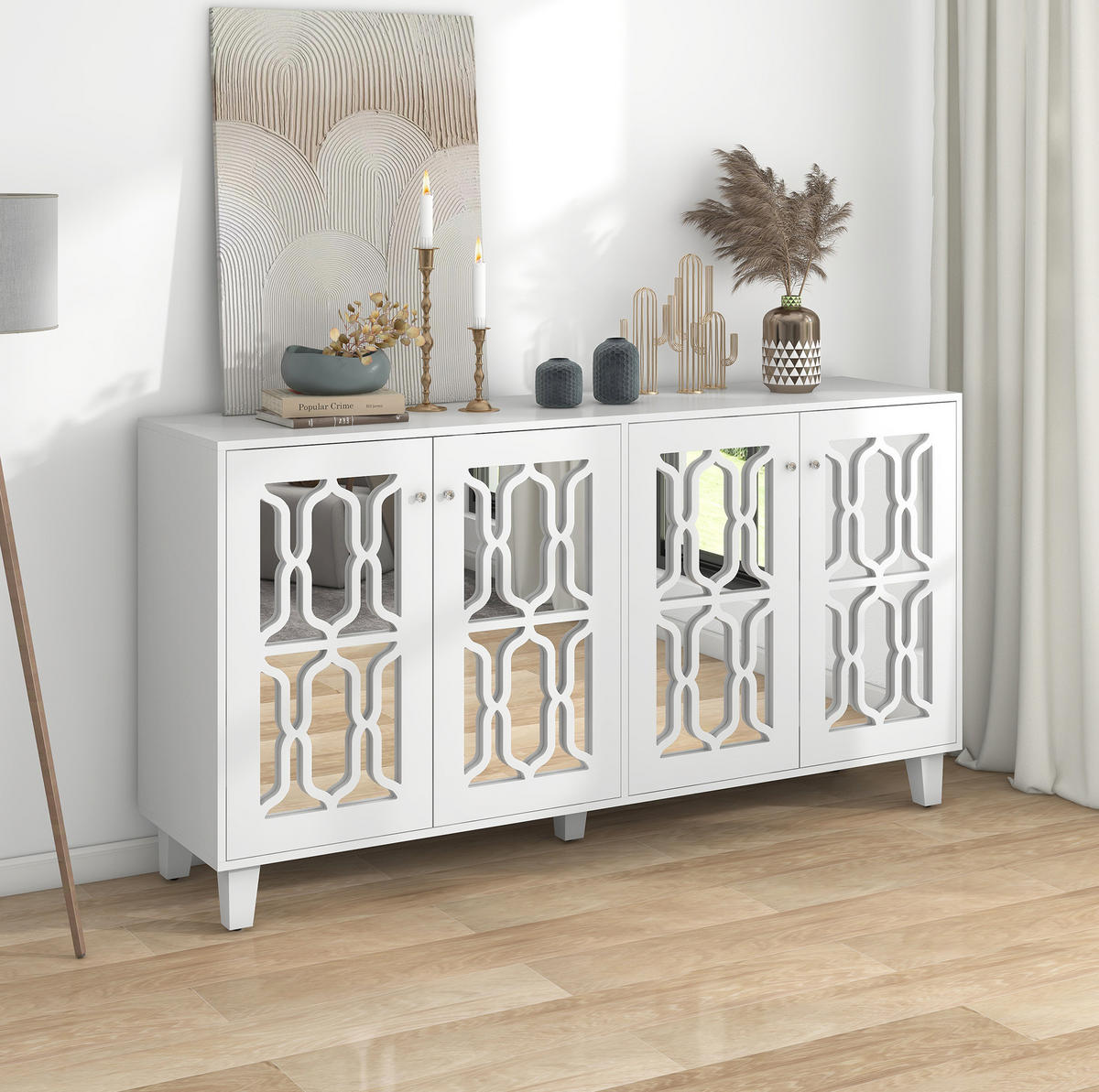 SIDEBOARD in Weiß mit verspiegelter Oberfläche, 4 Türen und kristallförmigen Glasgriffen, 160/40/84 cm, Weiß - Weiß, Holzwerkstoff (160/84/40cm) - Redom
