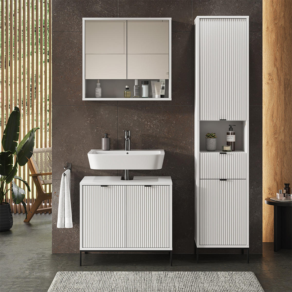 BADSCHRANK Eliza Weiß 40 x 190 cm mit Türen, und Schublade - Weiß, Holzwerkstoff (40/190/35cm) - Vicco