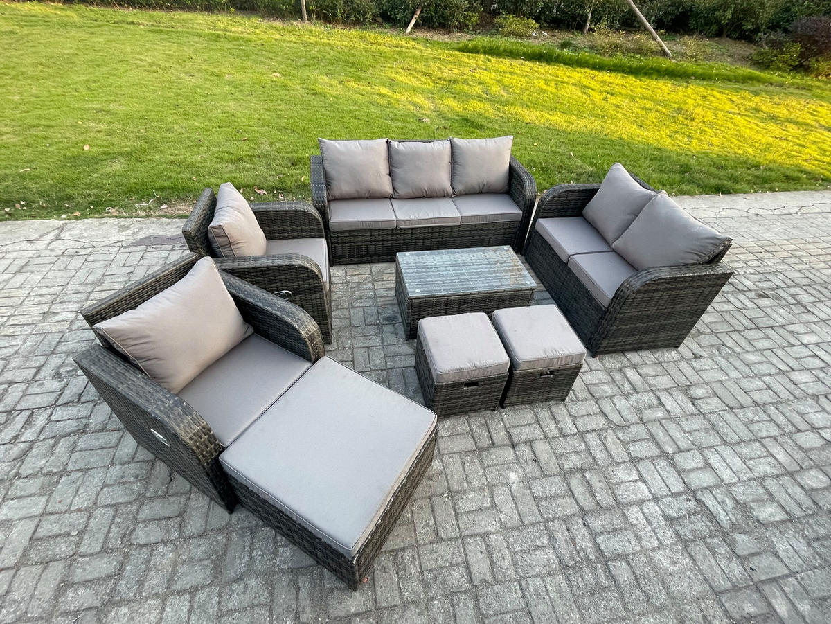 GARTENMÖBELSET mit Couchtisch Polyrattan 10-Sitzer - Dunkelgrau/Grau, Glas/Kunststoff - Fimous