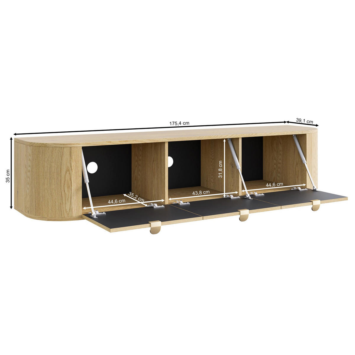 TV stolek Coru závěsný se 3 výklopnými dvířky, 175cm - zlatá/barva dubu, kov/kompozitní dřevo (175.4/35/39.1cm) - Selsey