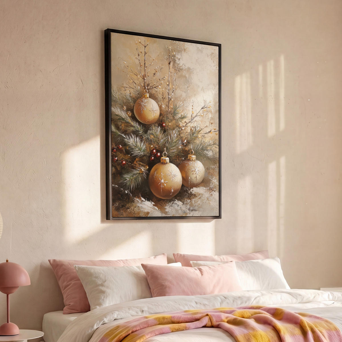 LEINWAND Bilder mit Rahmen - Weihnachten - Kugeln - Beige - Gold - 100x150 - Goldfarben, Textil (100/150cm) - MuchoWow