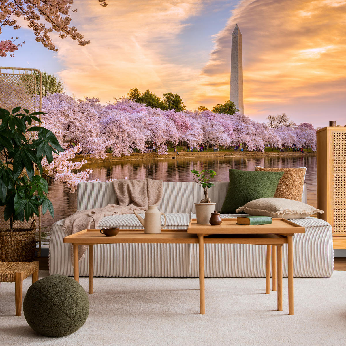 FOTOTAPETE Blühende Kirschbäume Fluss Natur Frühling Sonnenuntergang 400x280 - Blau/Gelb, Papier (400/280cm) - Muralo