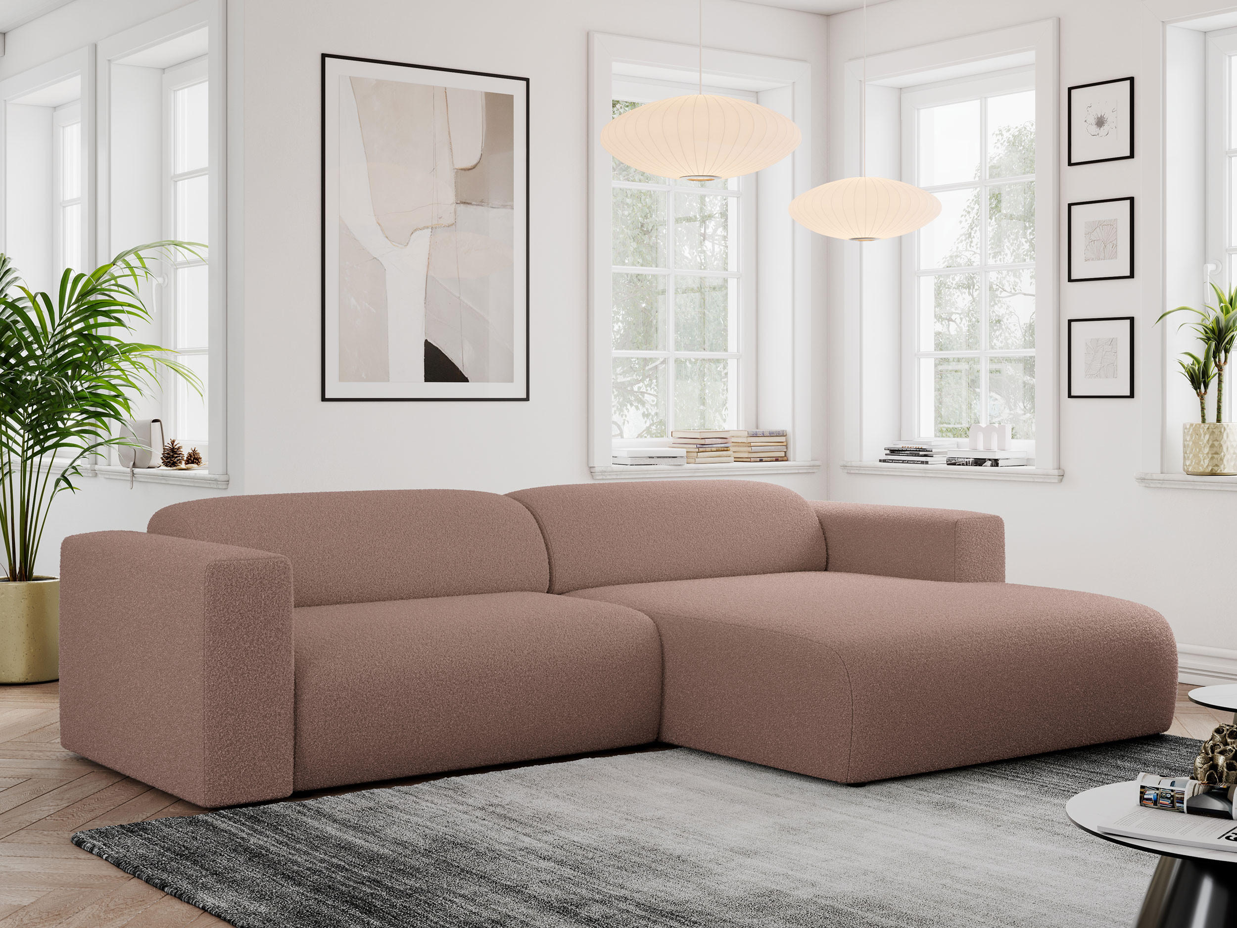 ECKSOFA PASADENA Rosa Bouclé - Rechts Seite - Schwarz/Rosa, Kunststoff/Textil (180/288cm) - MKS