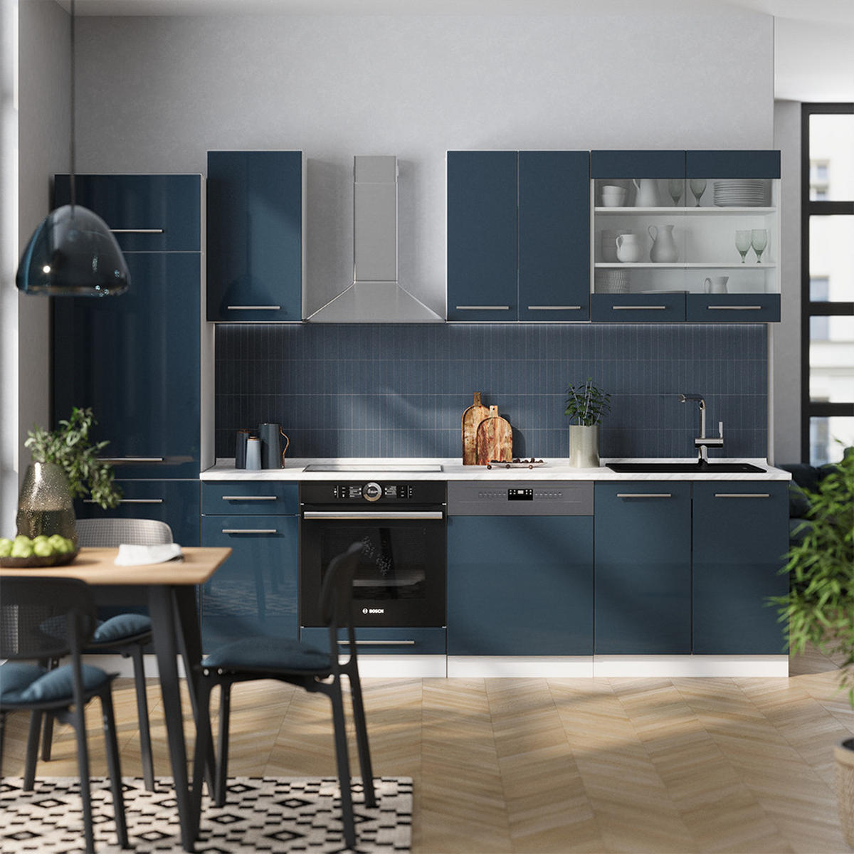 KÜCHENZEILE Fame-Line Dunkelblau Hochglanz/Weiß 300 cm, AP Marmor - Dunkelblau/Weiß, Holzwerkstoff (300/81.6/60cm) - Vicco
