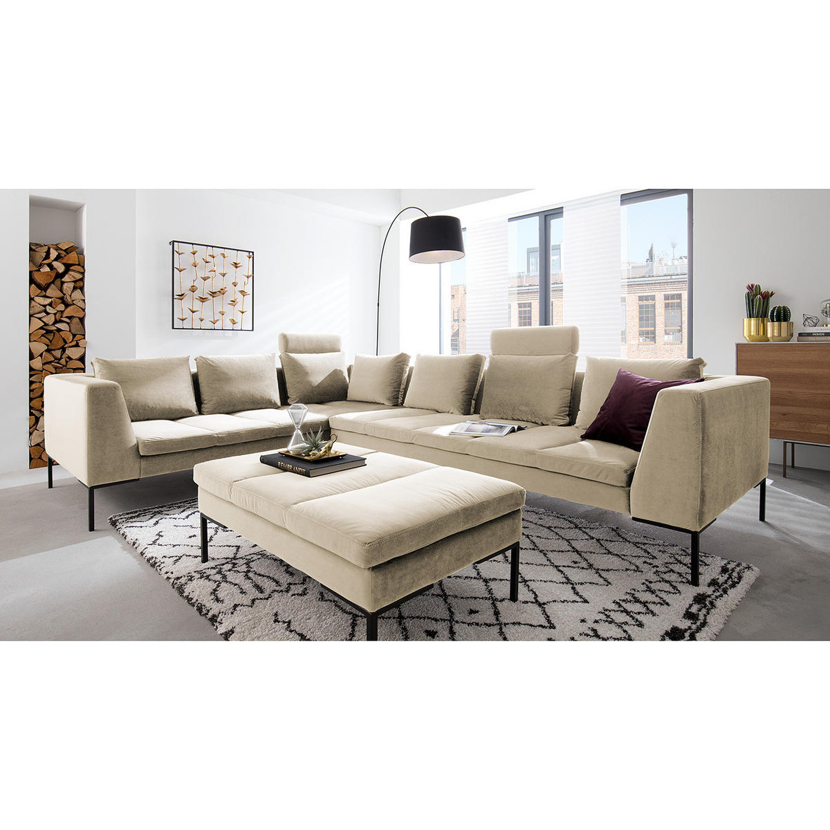 ECKSOFA mit Rundecke XL - Samt - Chromfarben/Beige, Textil/Metall (319/238cm) - home24