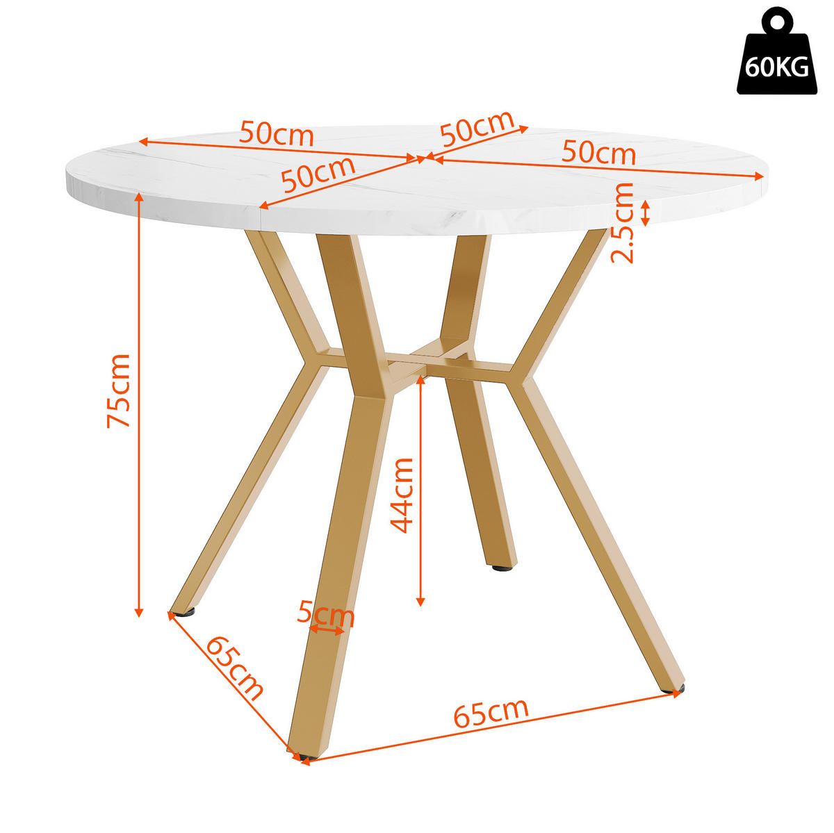 JÍDELNÍ stůl 100/100/75 cm bílý a zlatý z MDF a oceli s mramorovým dekorem a kulatou deskou - bílá, kompozitní dřevo (100/100/75cm) - OKWISH