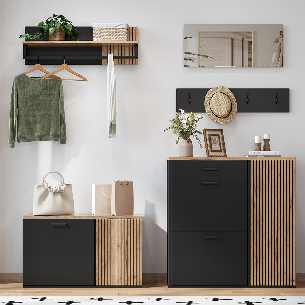 GARDEROBE-SET in Schwarz Schuhschrank mit Spiegel, Schuhschrank & Haken, Flurmöbel mit Stauraum, B120/T35/H180cm - Naturfarben, Holzwerkstoff/Metall (85/85/36cm) - STILVORA