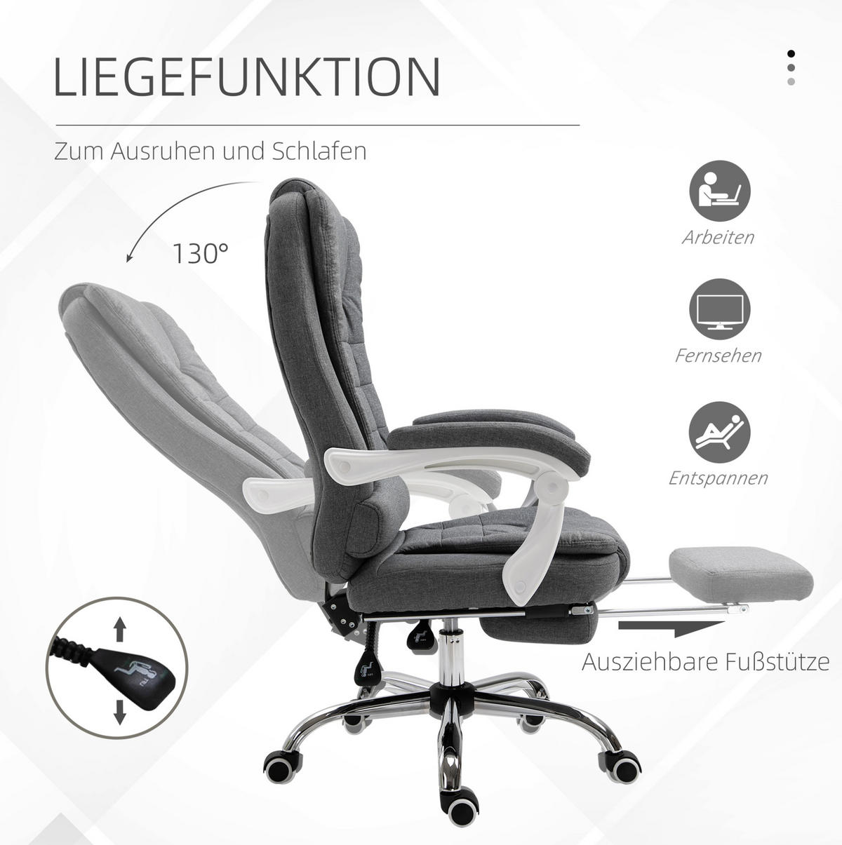 BÜROSTUHL in Grau 70x65x118 cm, höhenverstellbar mit neigbarer Rückenlehne und Fußstütze - Grau, Metall (65/118/70cm) - IVMEU