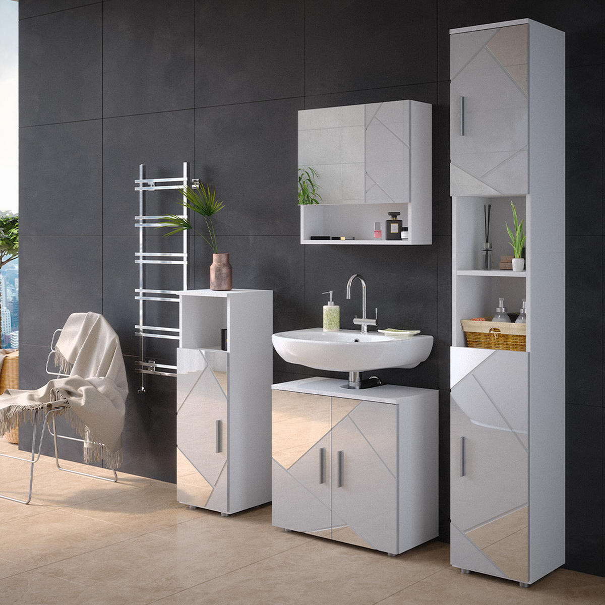 BADMÖBEL-SET Irma Weiß 4 Teile, mit Hochschrank und Kommode - Weiß Hochglanz/Weiß, Holzwerkstoff (80/58.6/41cm) - Vicco