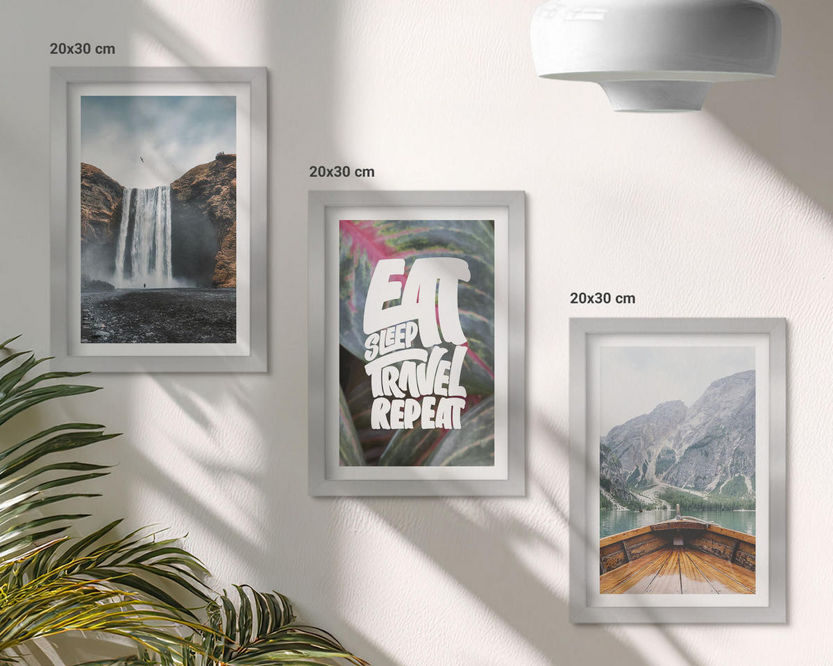 WANDBILDER 3er Set - 20x30 cm Silberner Rahmen - Wasserfall Berge Natur Boot - Silberfarben, Kunststoff (20/30cm) - ArtPrintCave