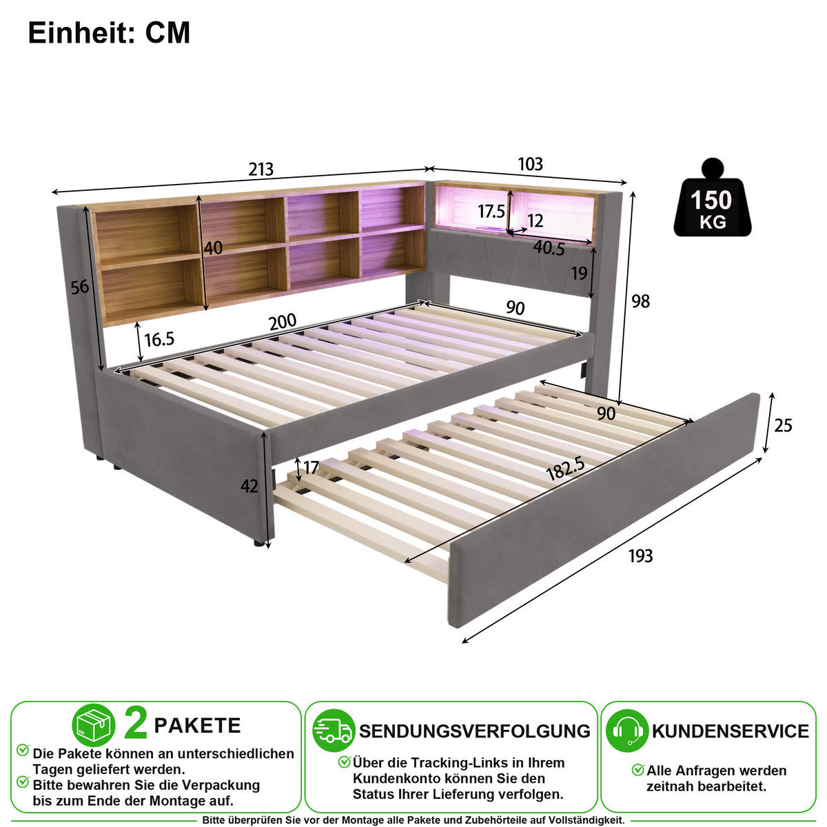 SCHLAFSOFA 90/200 cm & 90/190 cm in Dunkelgrau mit LED, USB, Type-C und Ablagen - Dunkelgrau, Holzwerkstoff/Textil (90/200cm) - CHICFURN
