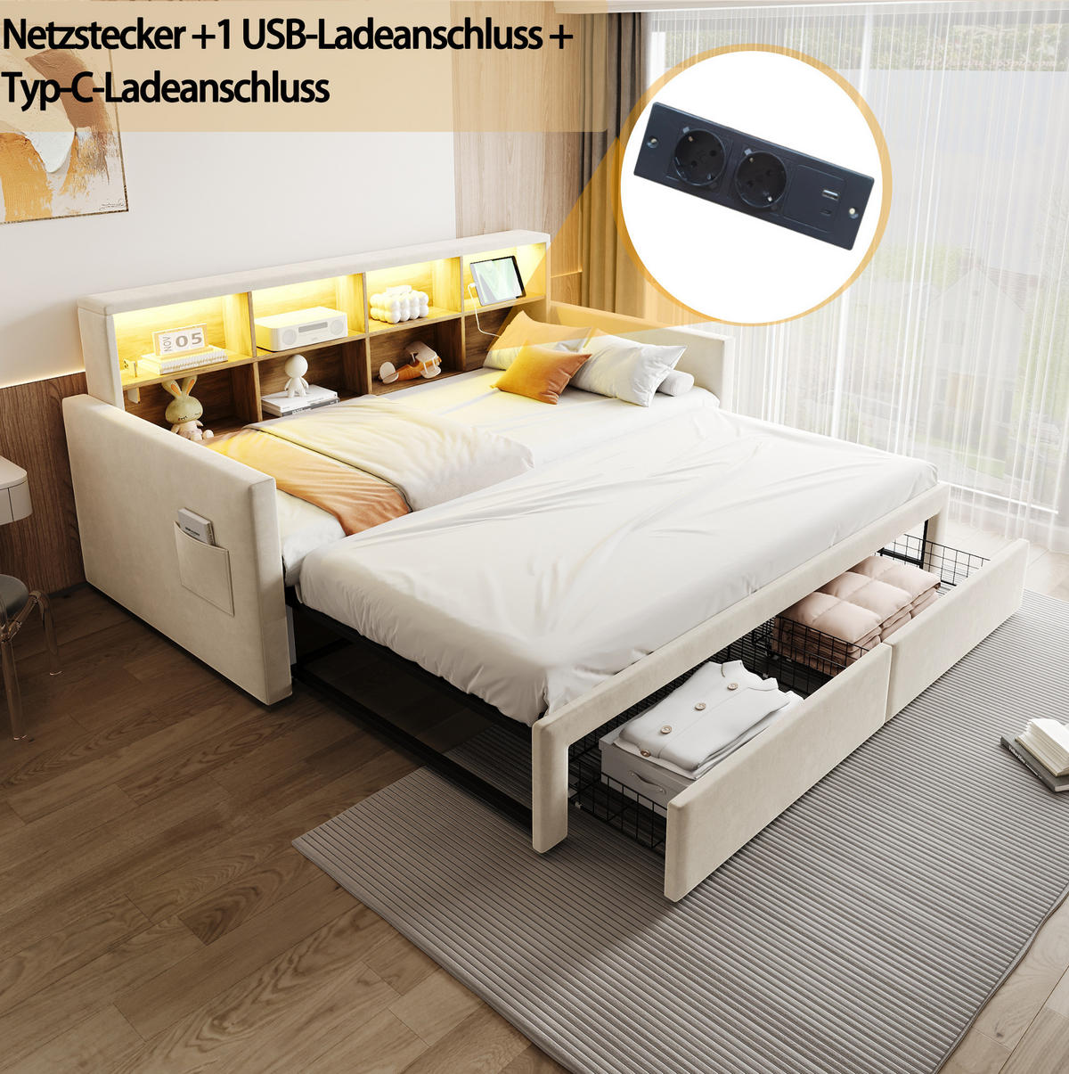 ČALÚNENÁ posteľ z velúru 90x190 cm béžová s výsuvným lôžkom, LED osvetlením, zásuvkami a úložným priestorom - béžová, textil (90/190cm) - Modfu
