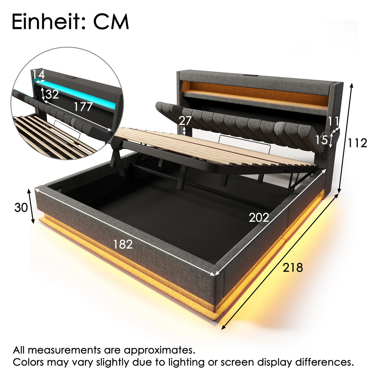 POLSTERBETT 180/200 cm mit LED, USB-C, Stauraum-Kopfteil und hydraulischem Bettkasten, Leinen, Grau - Grau, Textil (180/200cm) - Redom