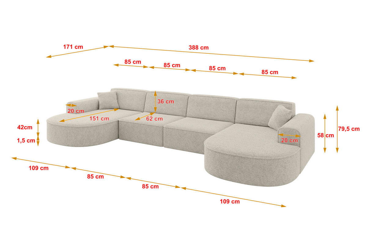 WOHNLANDSCHAFT MARI-U2 - 388x171x79 cm Beige Tissu - Beige/Schwarz, Holzwerkstoff/Kunststoff (388/79/171cm) - ALTDECOR