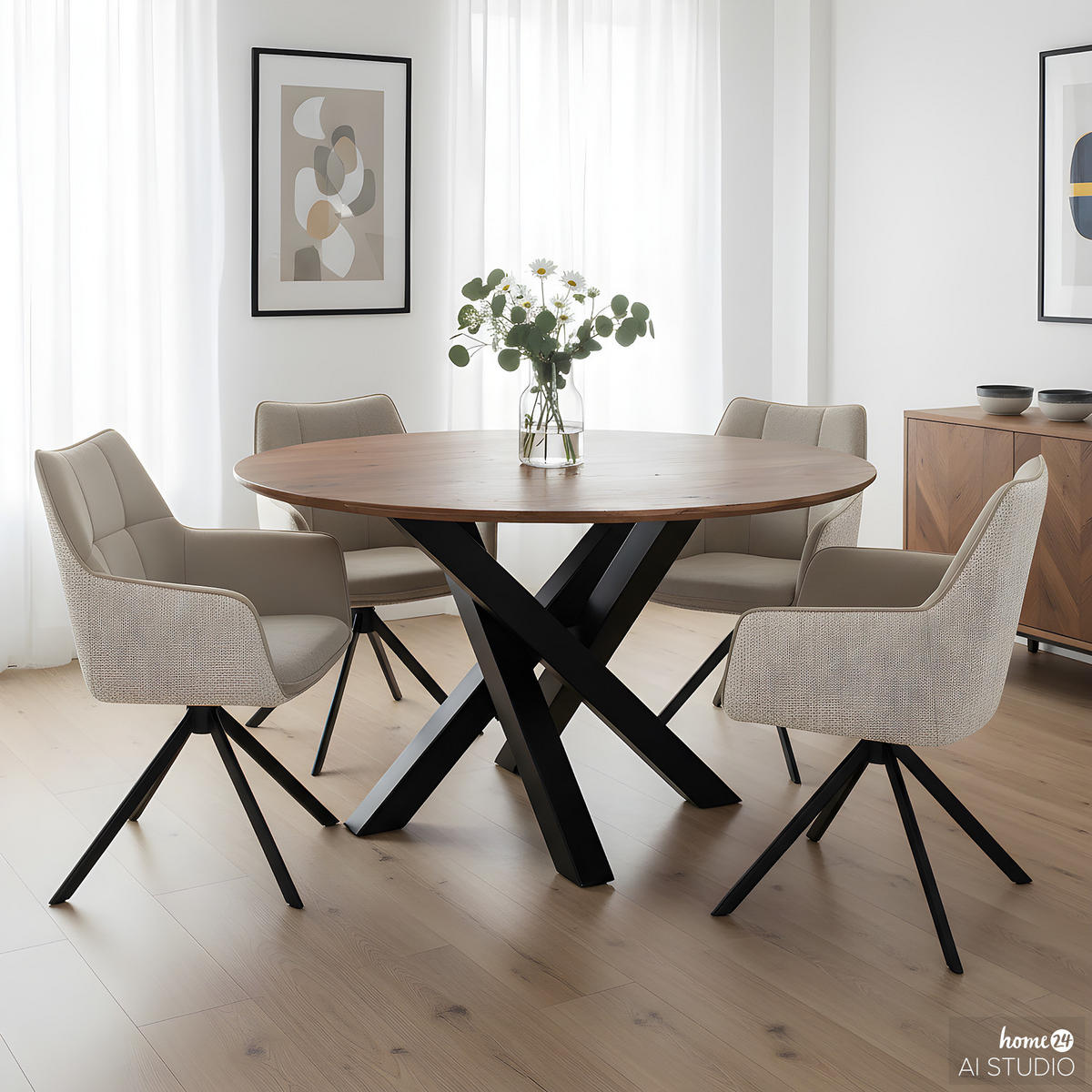 ESSTISCH - Akazie massiv / Eisen - Akazie Braun / Schwarz - Schwarz/Akaziefarben, Holz/Metall (130/130/76cm) - home24