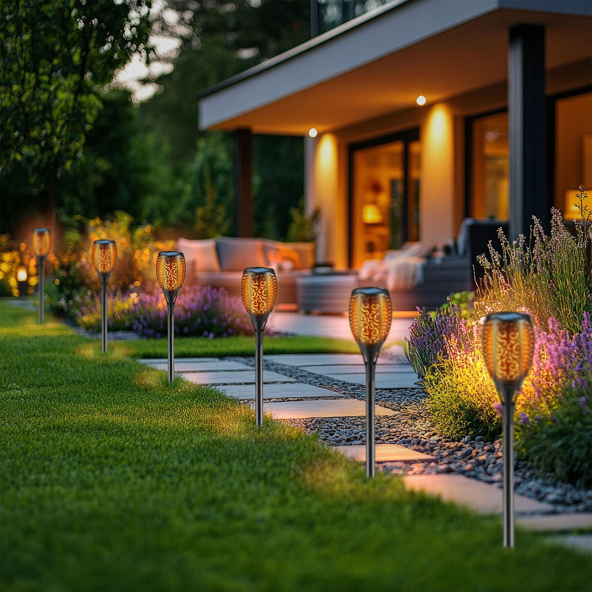 SOLARLEUCHTEN 6er Set Flare, 6 - 8 Stunden Betriebszeit, schwarz - Schwarz, Kunststoff (10/10/58cm) - tectake