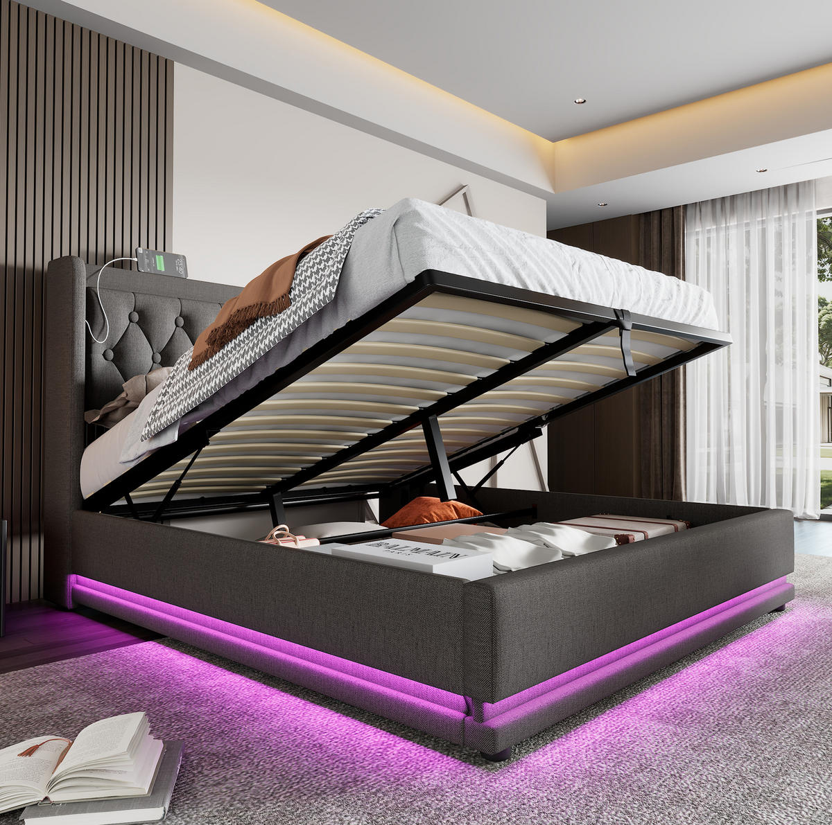 POLSTERBETT mit Bettkasten 160x200 cm Grau USB & LED - Grau, Metall (160/200cm) - Meubliv