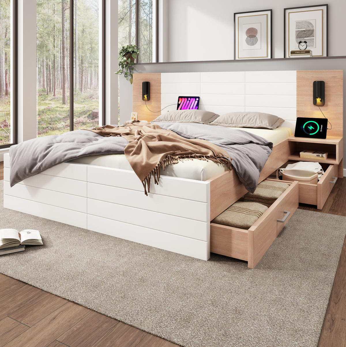 BETT 160/200 cm mit 2 Schubladen, Leselicht & USB, Massivholz/MDF, Weiß/Eiche - Weiß, Holzwerkstoff (160/200cm) - Redom