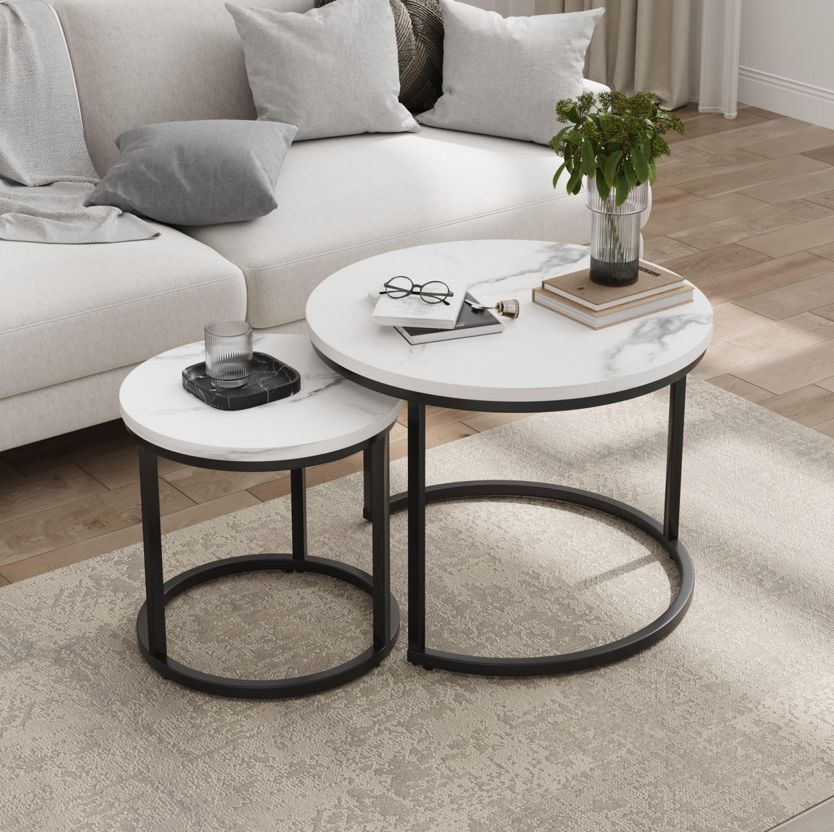 COUCHTISCH-SET 60/60/45 cm verschachtelbar mit Metallgestell und 2 Tischen, Weiß/Schwarz - Weiß, Holzwerkstoff (60/60/45cm) - Redom