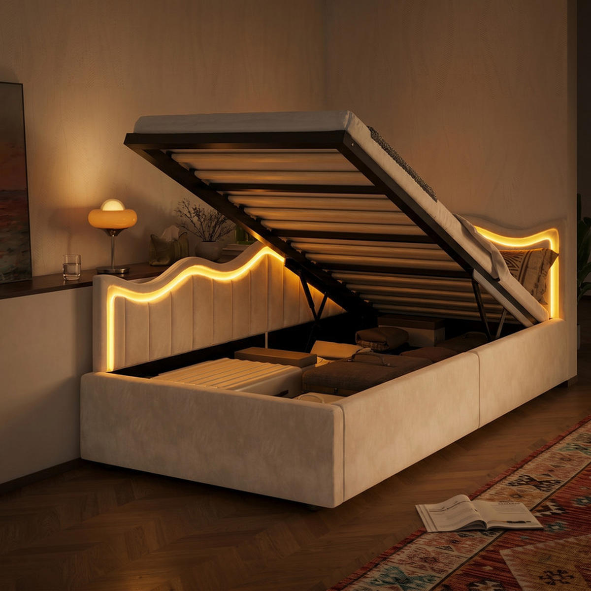SCHLAFSOFA 90/200 cm beige mit Stauraum und LED - Beige, Holz