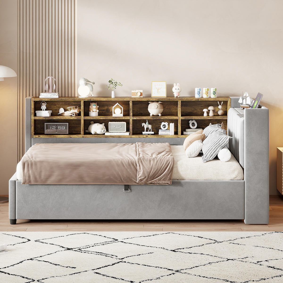 POLSTERBETT 90/200 cm Hellgrau mit Stauraum mit LED-Beleuchtung aus Samt - Hellgrau, Textil (90/200cm) - OKWISH