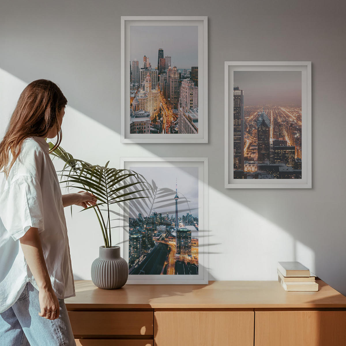 WANDBILDER 3er-Set - 40x60 cm Weißer Rahmen - Städte bei Nacht, Wolkenkratzer, Lichter - Weiß, Kunststoff (40/60cm) - ArtPrintCave