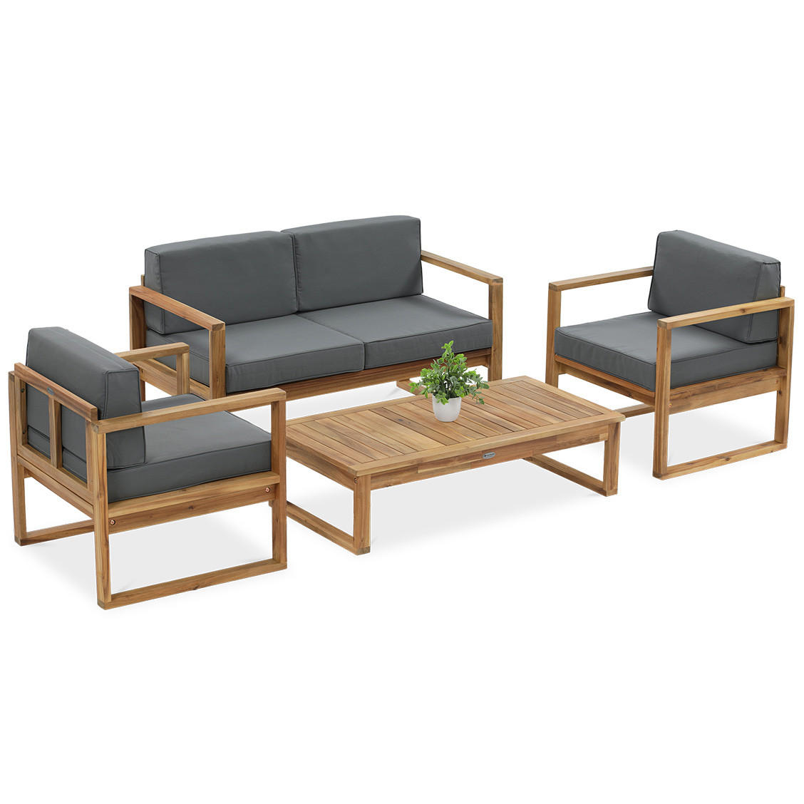 GARTENSET Danilo aus Akazienholz, Sofa, 2 Sessel und Tisch, Dunkelgrau+Braun - Dunkelgrau/Eichefarben, Holz - Beautysofa