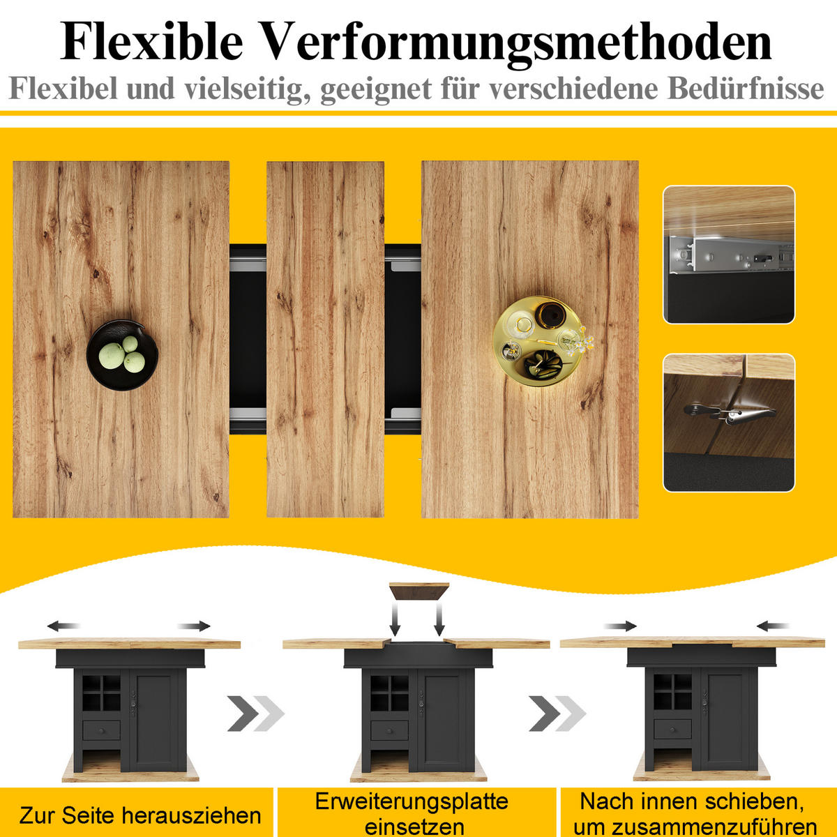 AUSZIEHBARER Esstisch aus MDF mit Stauraum, 110-140/80/75 cm, Schwarz/Natur - Schwarz, Holzwerkstoff (110/80/75cm) - Redom