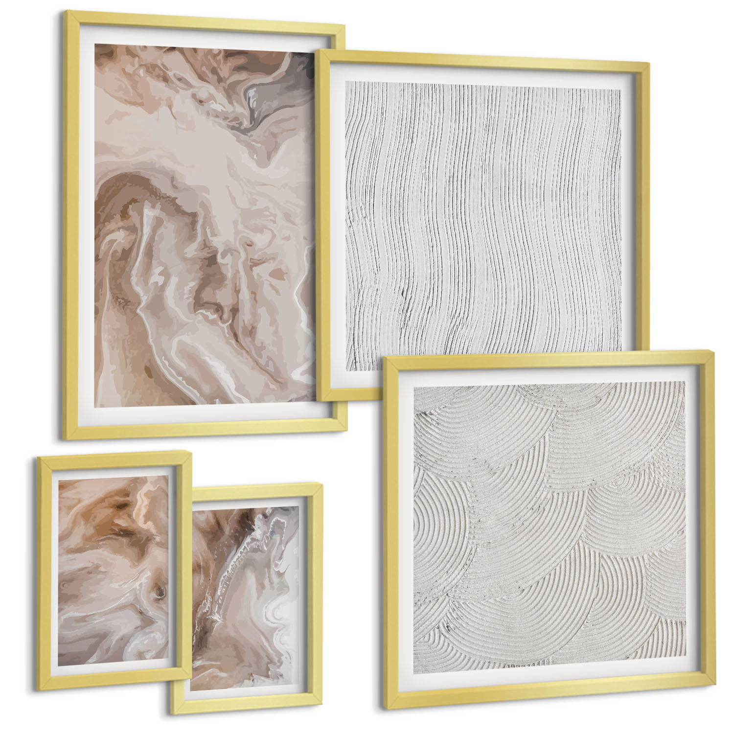 BILDER SET 5er Set - 50x50 cm & 20x30 cm & 40x60 cm Goldrahmen - Abstrakte Marmormuster aus Stein - Goldfarben, Kunststoff (40/60cm) - TULUP