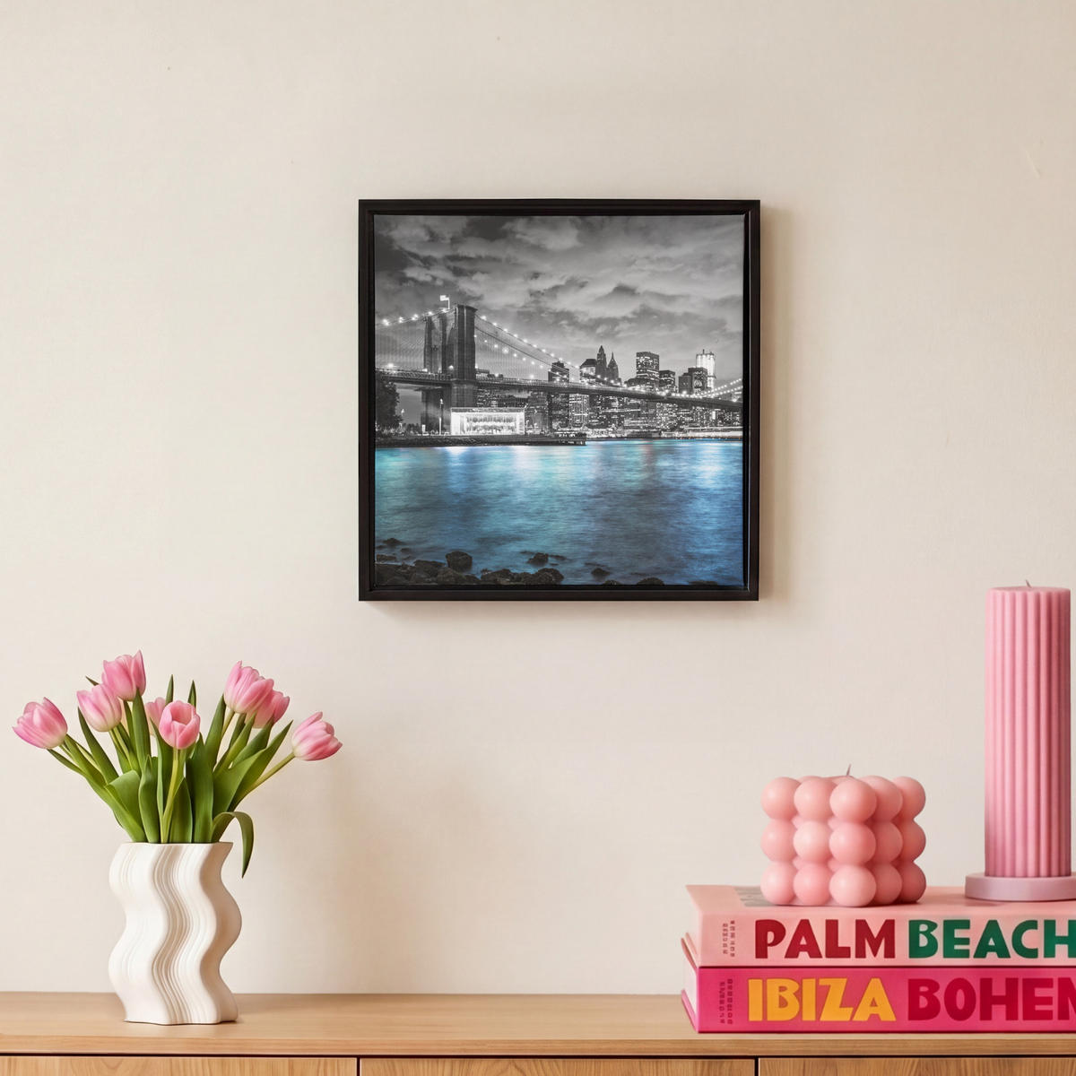 LEINWAND Bilder mit Rahmen - New York - Skyline - Stadt - Blau - 20x20 - Blaugrau, Textil (20/20cm) - MuchoWow