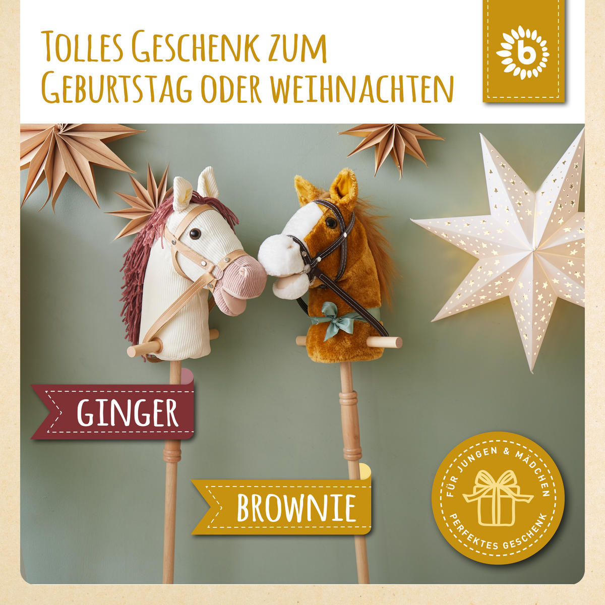 STECKENPFERD Kinder Brownie - Braun, Textil (24/100cm) - Bieco Spielwaren