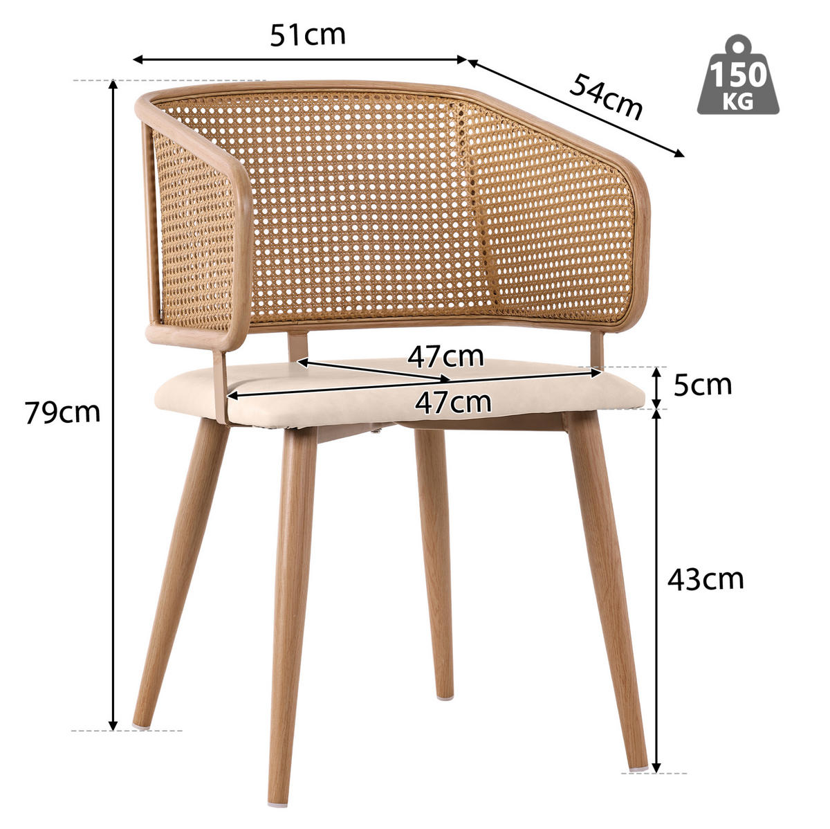 ESSZIMMERSTUHL mit Rattan-Rückenlehne ca. 47 x 51 x 79 cm Beige/Braun 4er-Set - Beige, Holz (51/79/47.1cm) - Meubliv