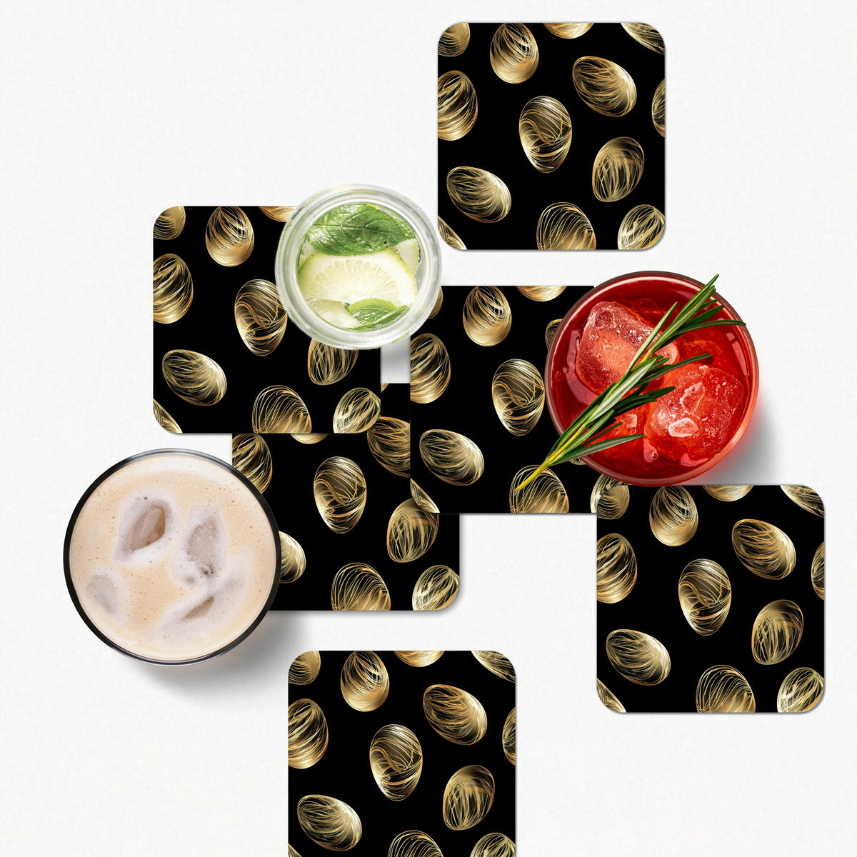 GLASUNTERSETZER 6er-Set Eier - Gold - Muster 10x10 cm - Schwarz, Naturmaterialien (10/0.2cm) - MuchoWow